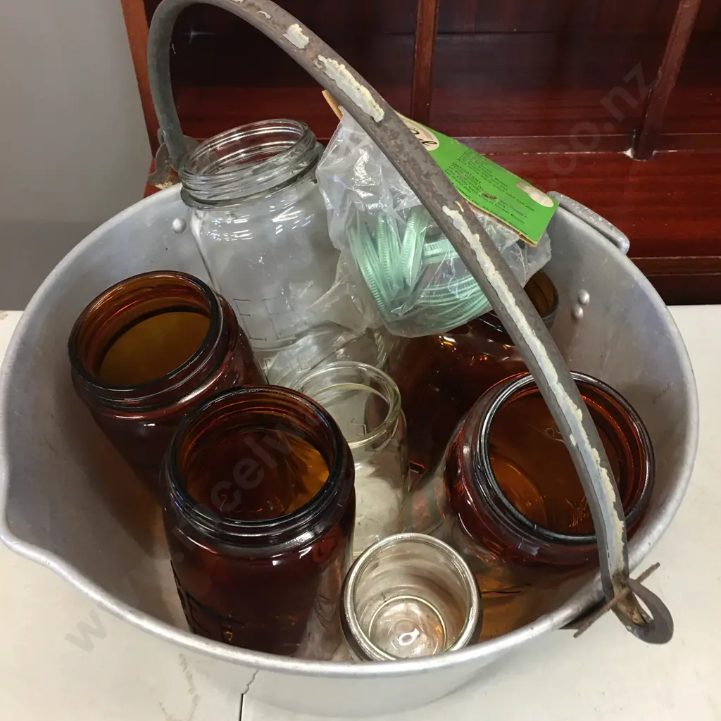 Vintage Aluminum Preserving Pan & Assorted Agee Jars Image 1++