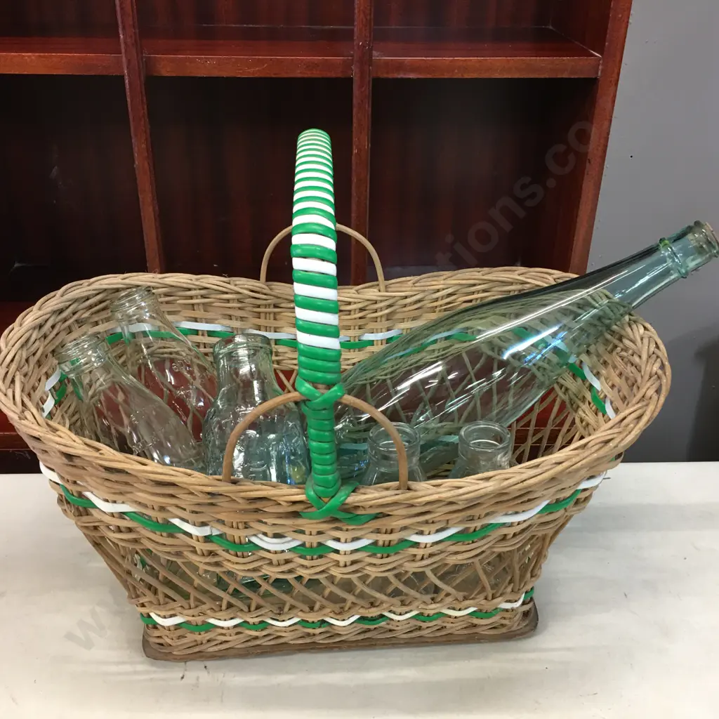 Vintage Cane Basket & Assorted Milk & Cream Bottles Etc Image 1++