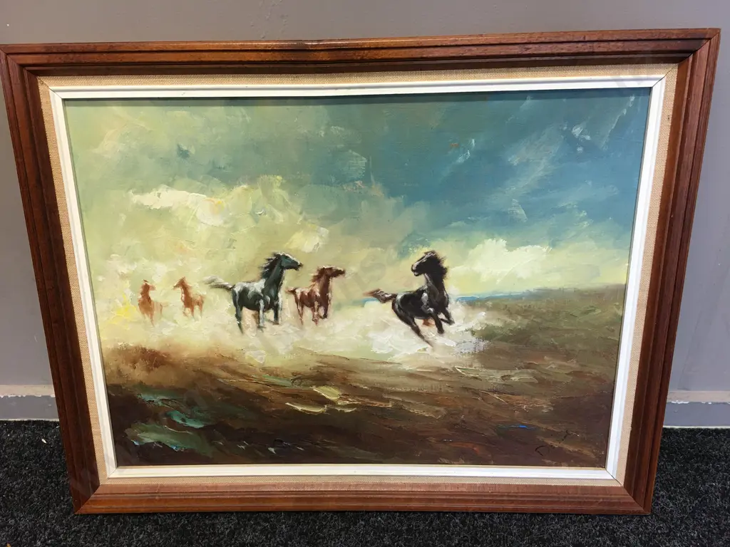 Framed Artwork Oil Painting Horse Scene H55,W70cm. Image 1++