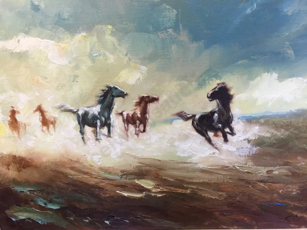 Framed Artwork Oil Painting Horse Scene H55,W70cm. Image 1++