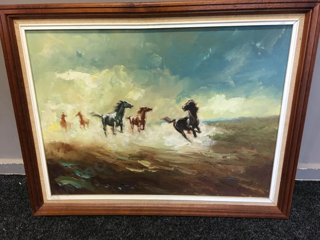 Framed Artwork Oil Painting Horse Scene H55,W70cm. Image 1++