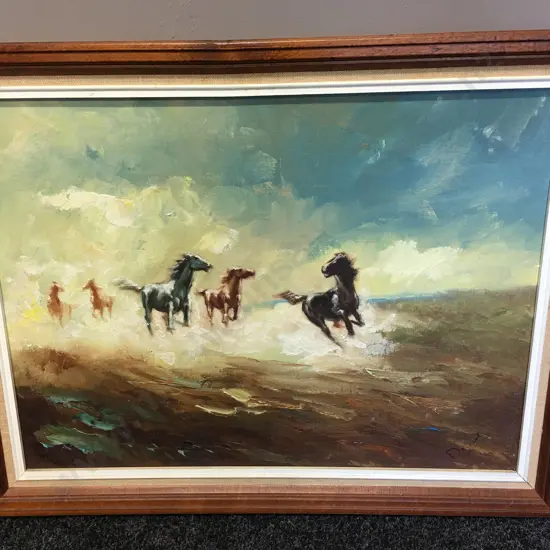 Framed Artwork Oil Painting Horse Scene H55,W70cm.