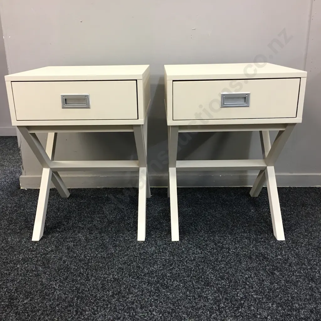 Pair Of Bedside Cabinets Painted Cream Cross Base With Single Drawer Image 1++