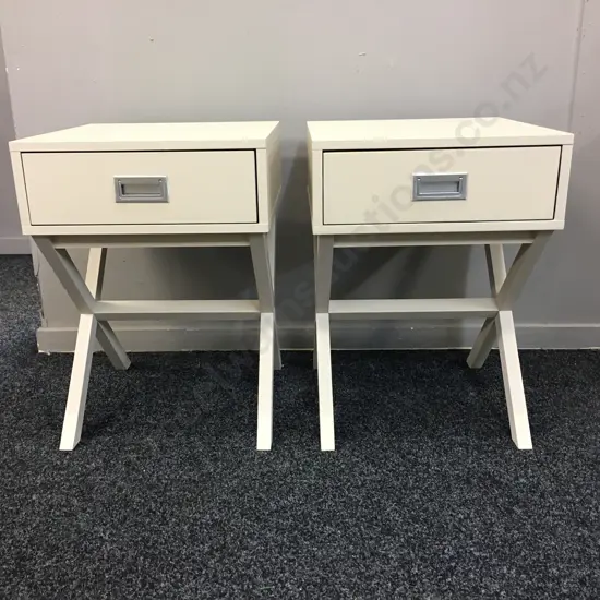 Pair Of Bedside Cabinets Painted Cream Cross Base With Single Drawer