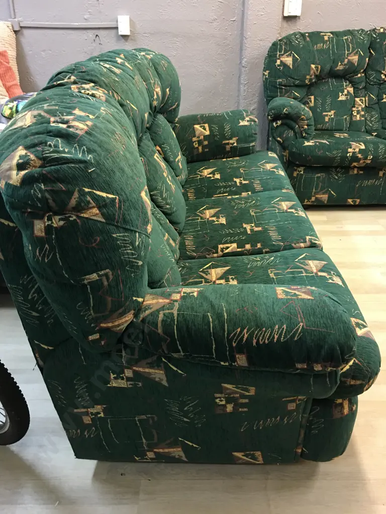 John Young 3+2 Seater Lounge Suite. Green & Gold Fabric Image 1++