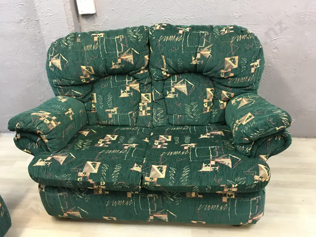 John Young 3+2 Seater Lounge Suite. Green & Gold Fabric Image 1++