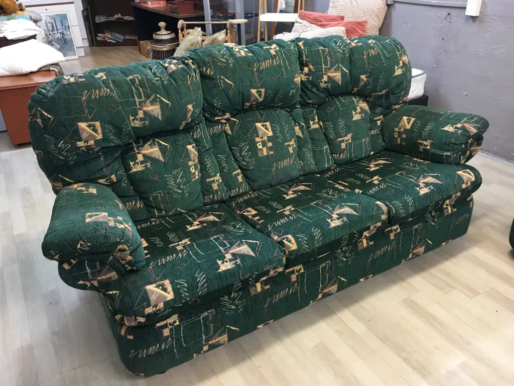 John Young 3+2 Seater Lounge Suite. Green & Gold Fabric Image 1++
