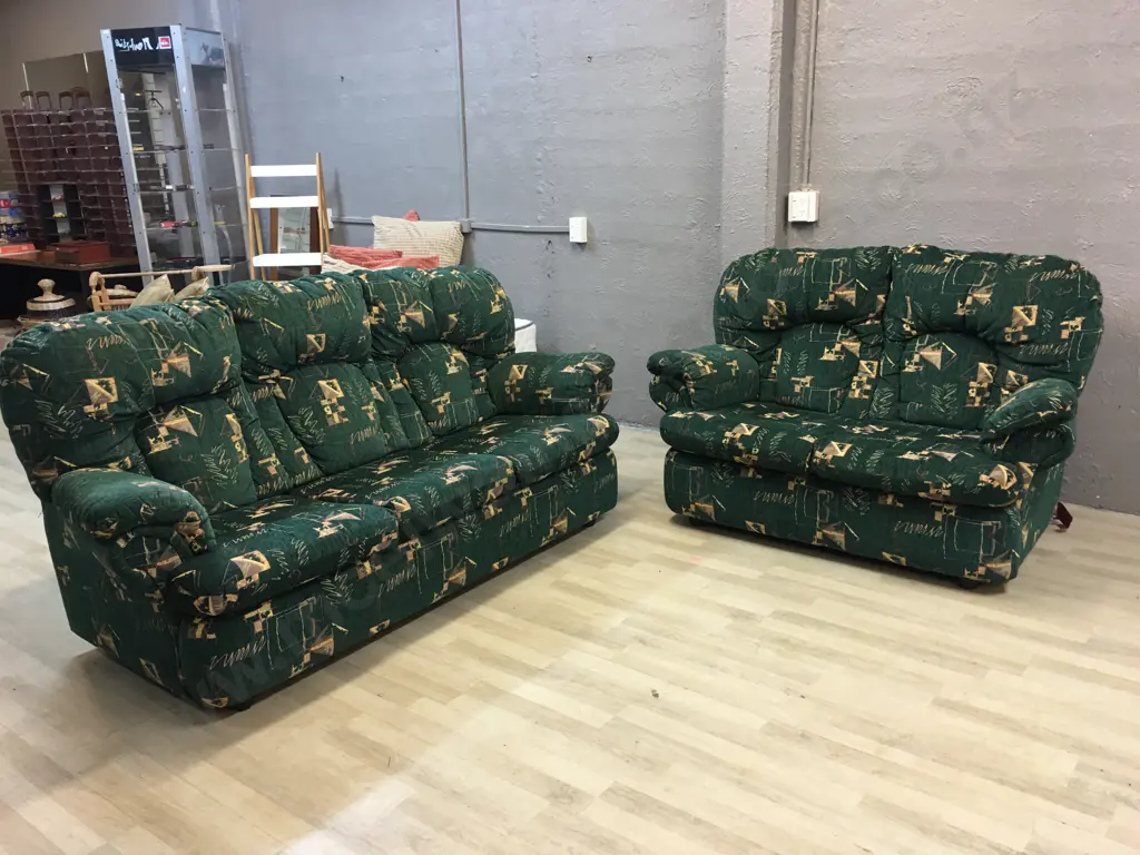 John Young 3+2 Seater Lounge Suite. Green & Gold Fabric Image 1++