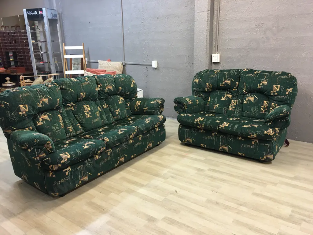 John Young 3+2 Seater Lounge Suite. Green & Gold Fabric Image 1++