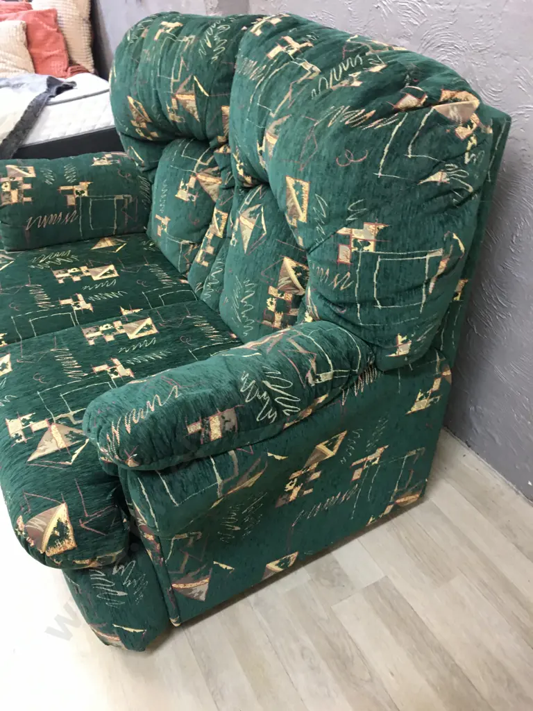 John Young 3+2 Seater Lounge Suite. Green & Gold Fabric Image 1++