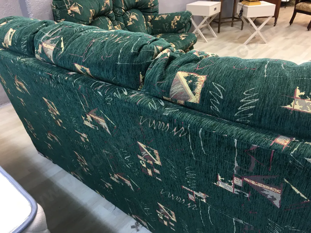 John Young 3+2 Seater Lounge Suite. Green & Gold Fabric Image 1++
