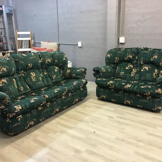 John Young 3+2 Seater Lounge Suite. Green & Gold Fabric