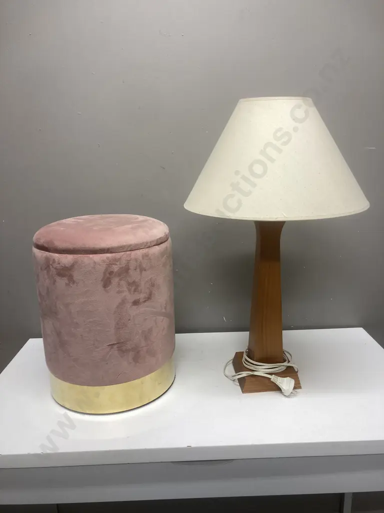 Table Lamp With Wooden Base & Pink & Gold Ottoman With Storage Image 1++