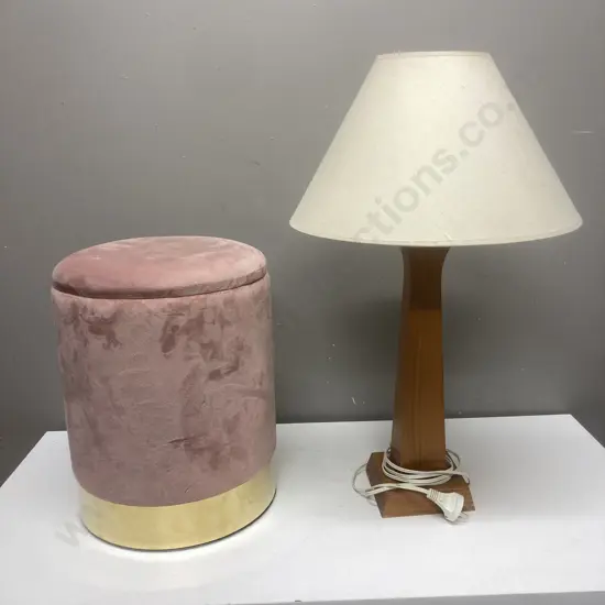 Table Lamp With Wooden Base & Pink & Gold Ottoman With Storage