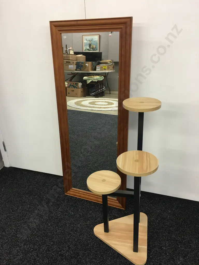 3 Tier Plant Stand Timber & Black, H79cm With a Wood framed Wall Mirror, 116 x 47cm Image 1++