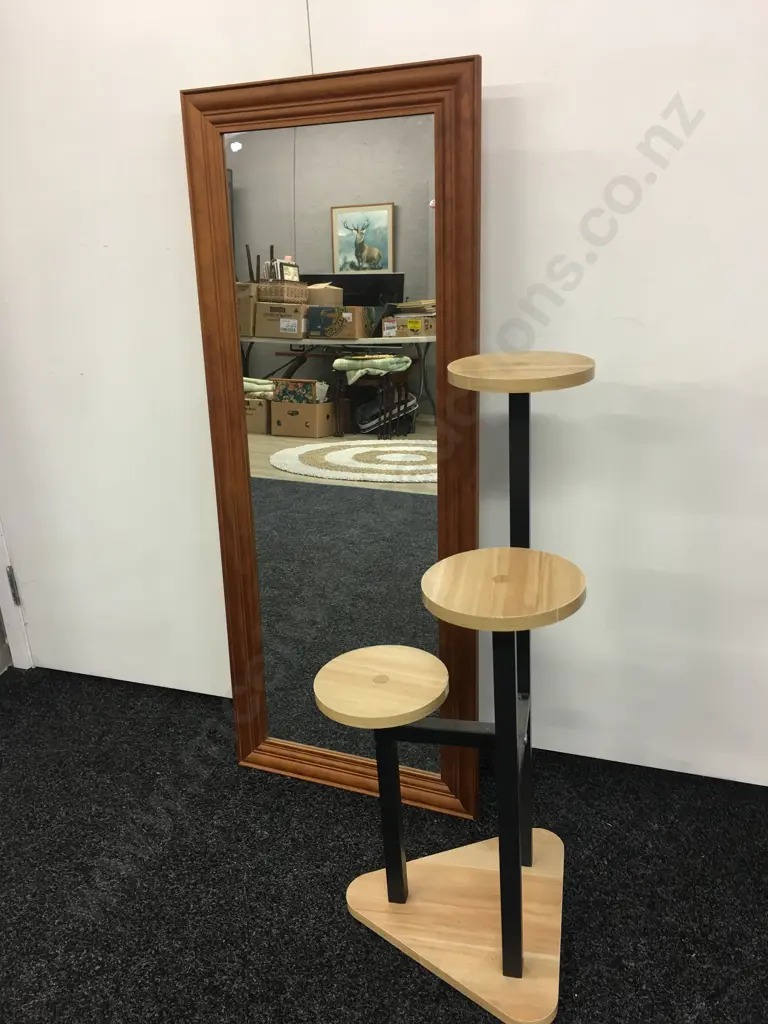 3 Tier Plant Stand Timber & Black, H79cm With a Wood framed Wall Mirror, 116 x 47cm Image 1++