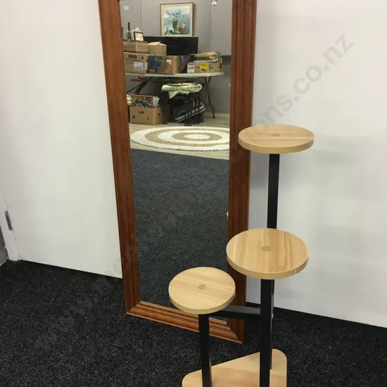 3 Tier Plant Stand Timber & Black, H79cm With a Wood framed Wall Mirror, 116 x 47cm