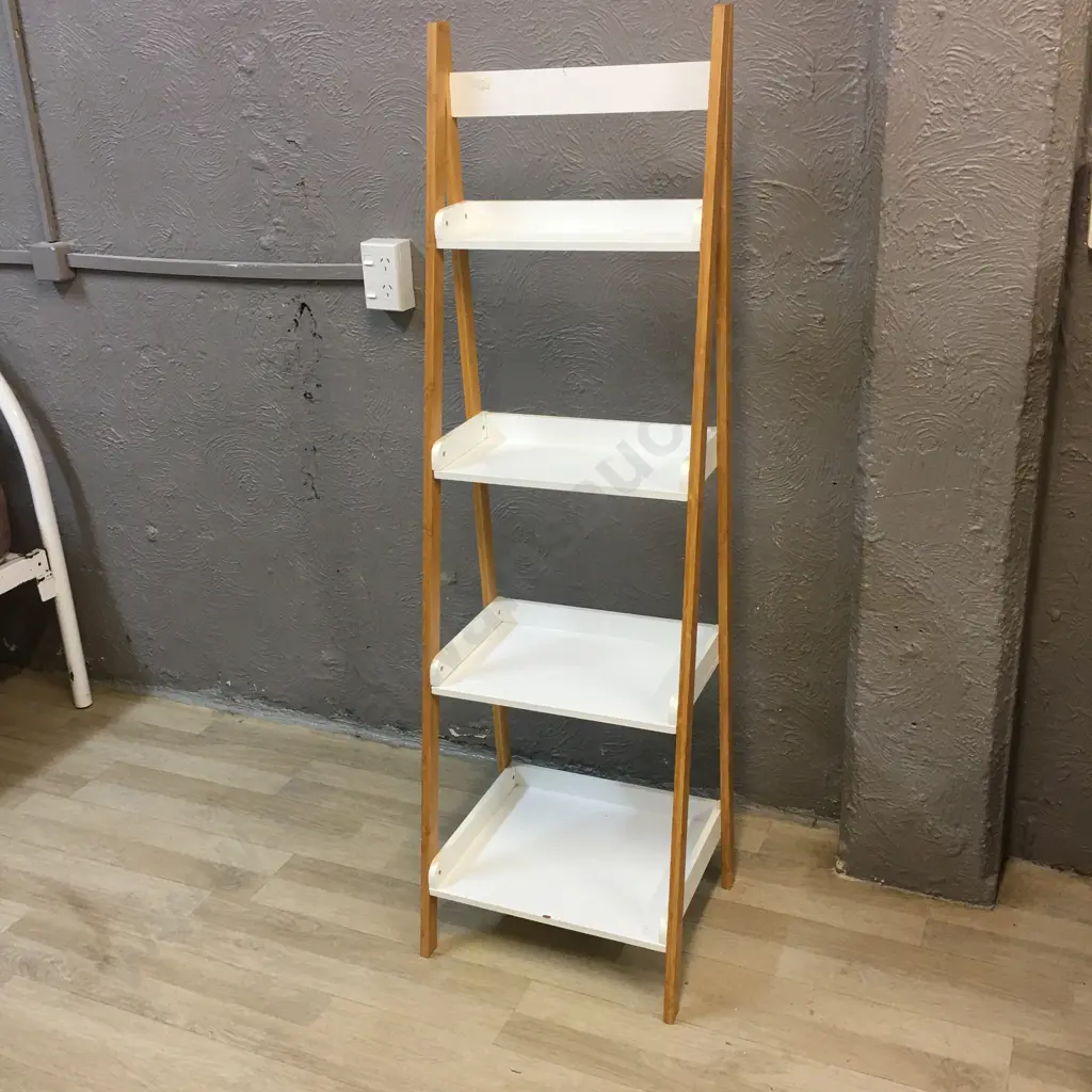 White & Timber 4 Tier Angled Storage Rack, H140 W43 D35cm Image 1++