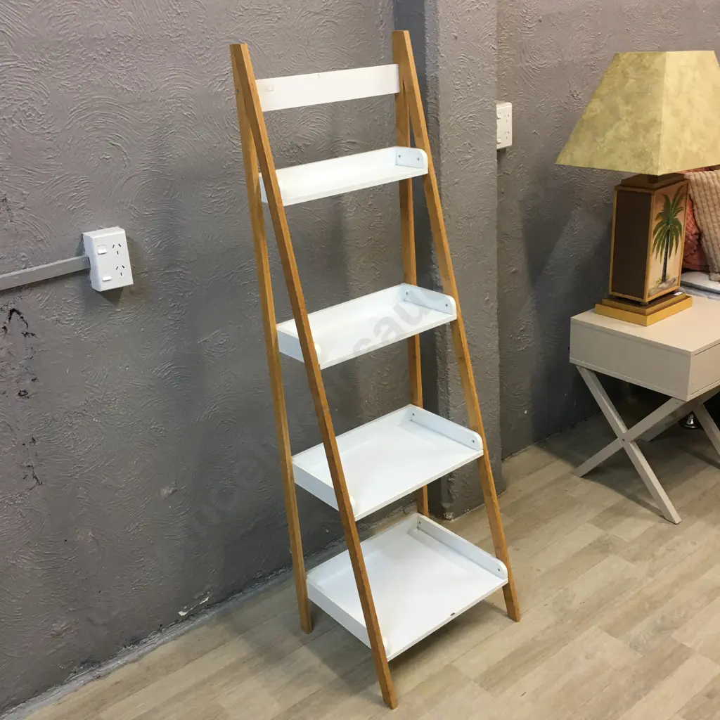 White & Timber 4 Tier Angled Storage Rack, H140 W43 D35cm Image 1++
