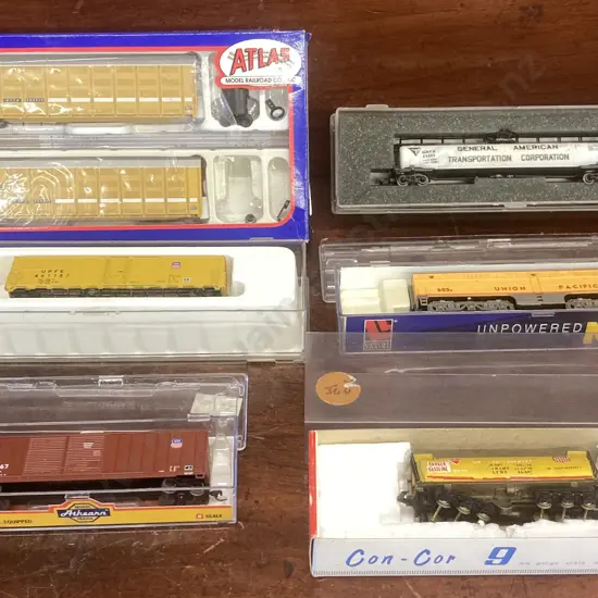 Athearn N Gauge 50' DD Box Car FMC Offset UP 300367, Atlas  Articulated Auto Carrier. 40925, Kato Freight Fuel Tank Etc
