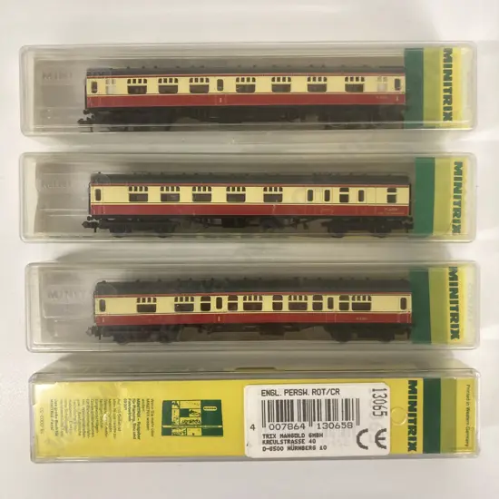 Minitrix N Gauge 13065 BR Mk1 Corridor in Crimson & Cream x 3 & 13066 Mk1 BCK Brake Corridor, Boxed