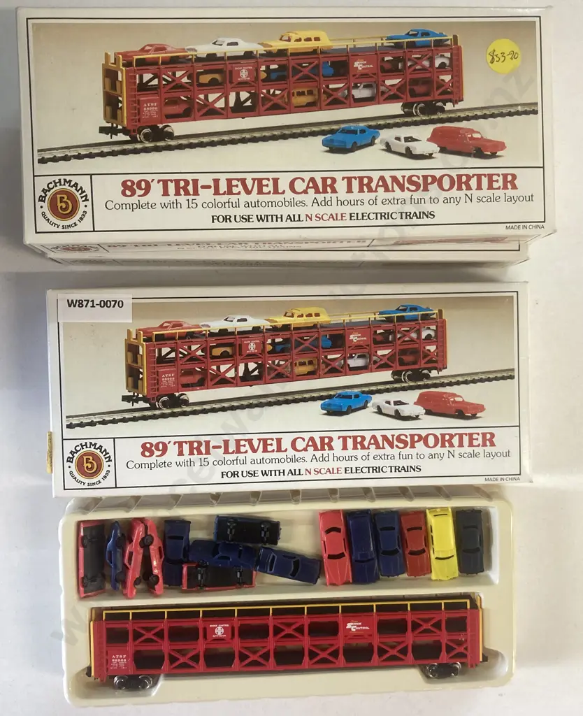N Scale Bachmann 89' Tri-Level Car Transporter With Cars x 3, Boxed Image 1++