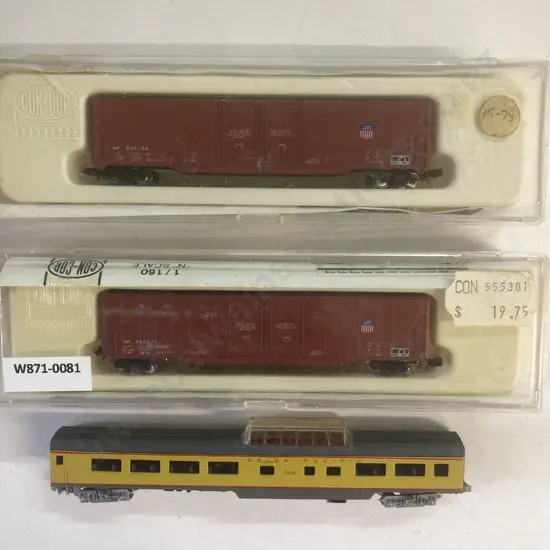 Con-Cor N Scale Union Pacific Dome Observation Passenger Carriage & Pair of 60' Boxcars Union Pacific Scheme 1, Boxed