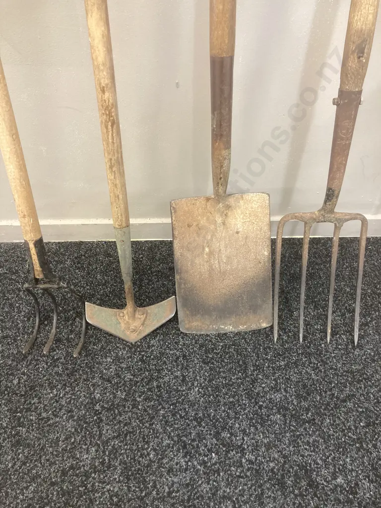 Garden Fork, Spade, Cultivator, Arrow Head Hoe, Wood Handles Image 1++