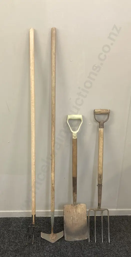 Garden Fork, Spade, Cultivator, Arrow Head Hoe, Wood Handles Image 1++