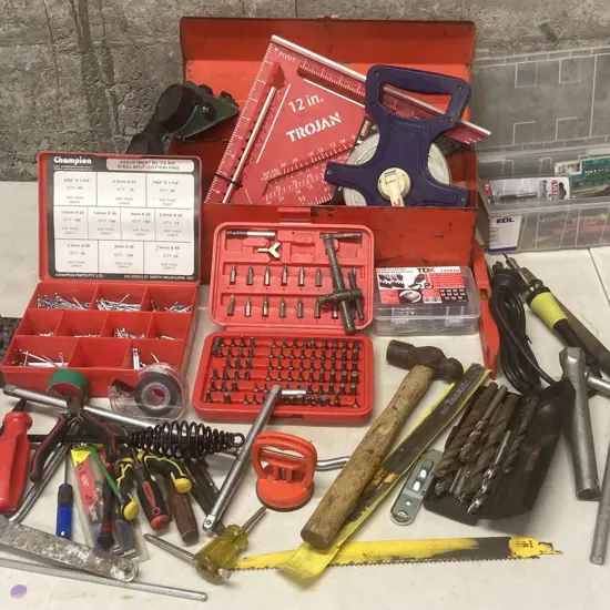 Red Steel Toolbox, Champion Cotter Pin Set, Tools Etc