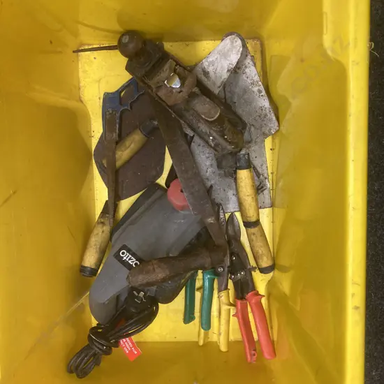 Yellow Bin, Concrete Trowels, Stanley 4 Wood Plane, Vintage Tools, Tin Snips Etc