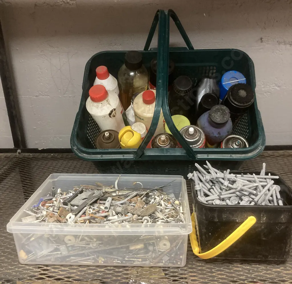 Container Of Tek Screws & Container of Bolts, Screws Etc & Green Basket With Cleaners, Oils Etc Image 1++