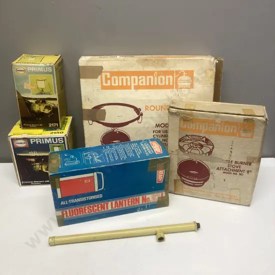 Box lot Camping Equipment & Vintage Eveready Transistorised Fluorescent Lantern No.82L