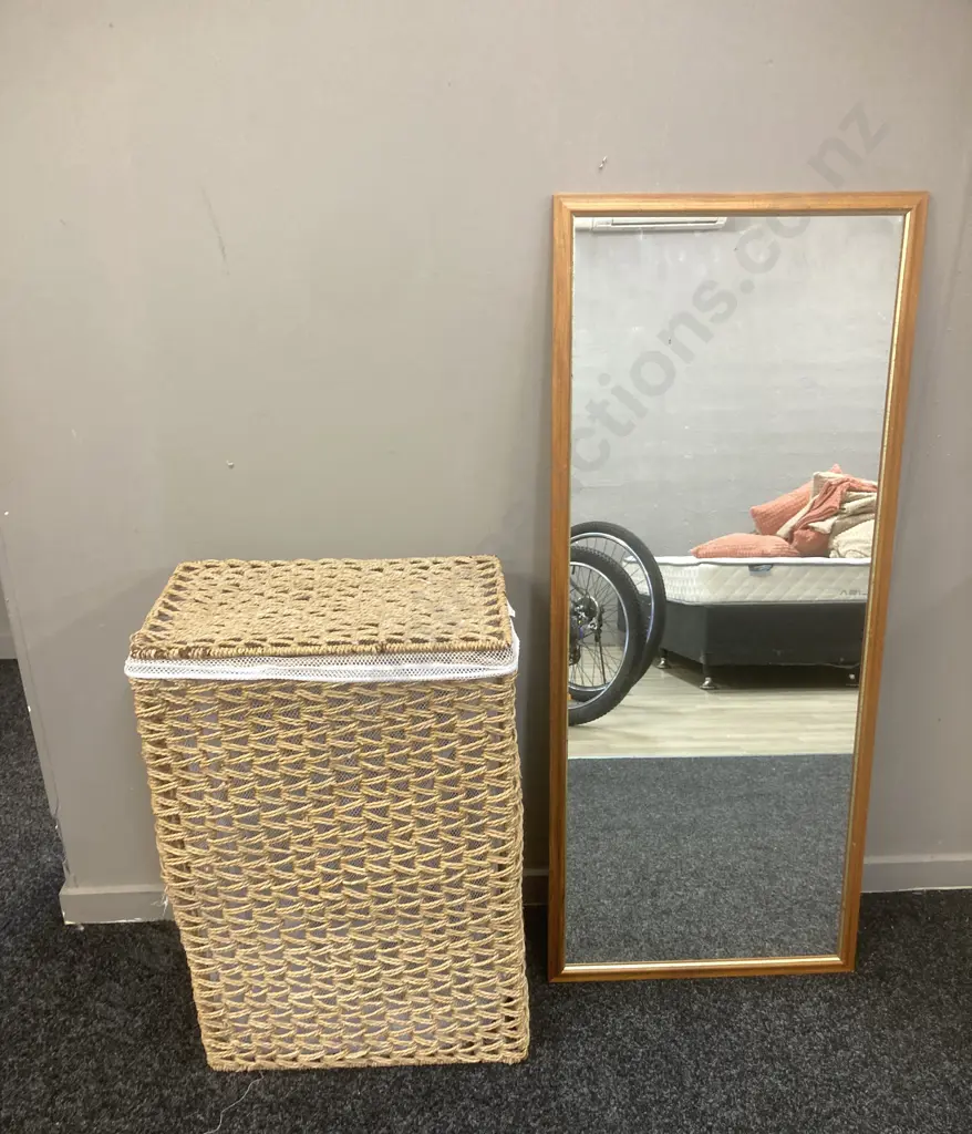 Rattan Laundry Hamper With 104 x 44cm Wooden Framed Wall Mirror Image 1++