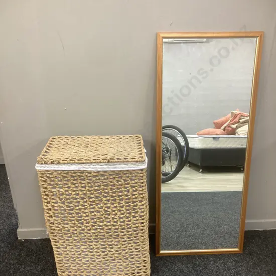 Rattan Laundry Hamper With 104 x 44cm Wooden Framed Wall Mirror