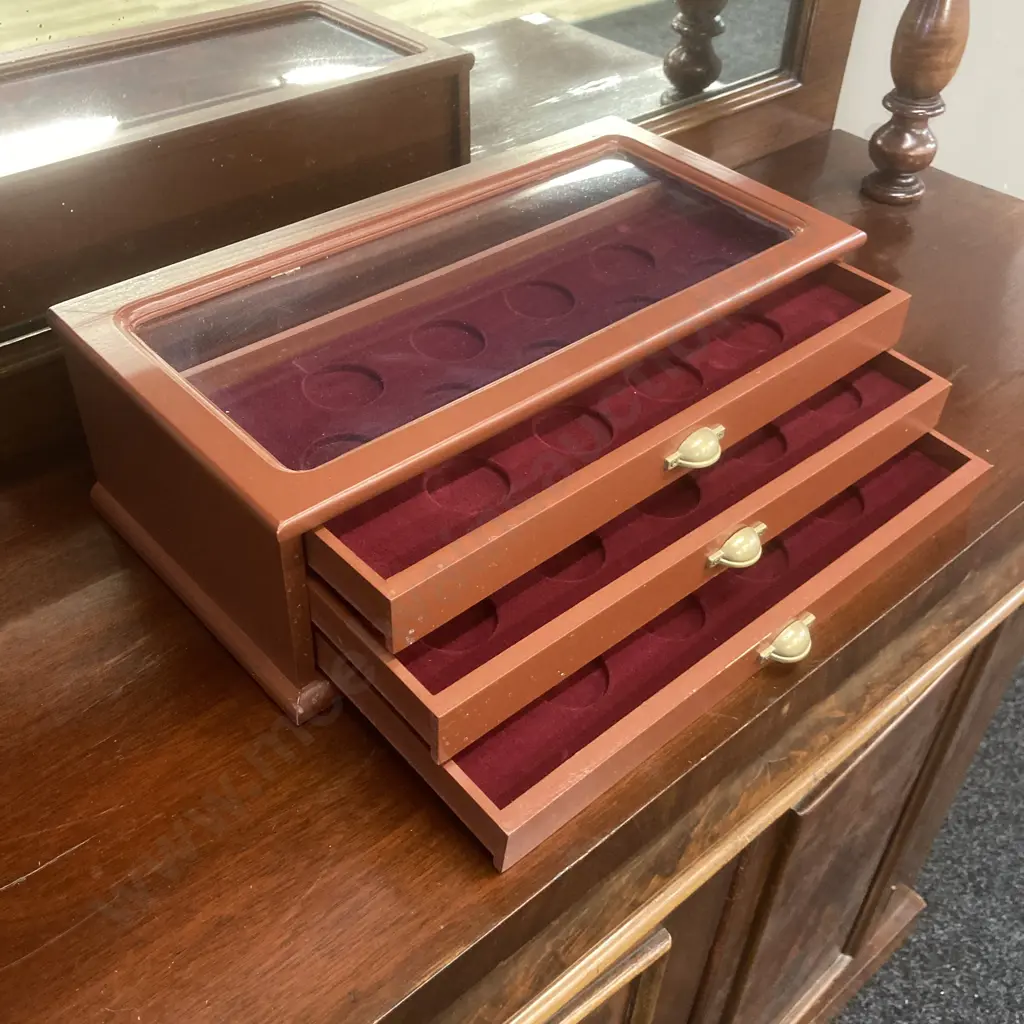 Wooden Coin Display Case, 3 Drawer With Display On Top, H12 W38.5 D20cm Image 1++