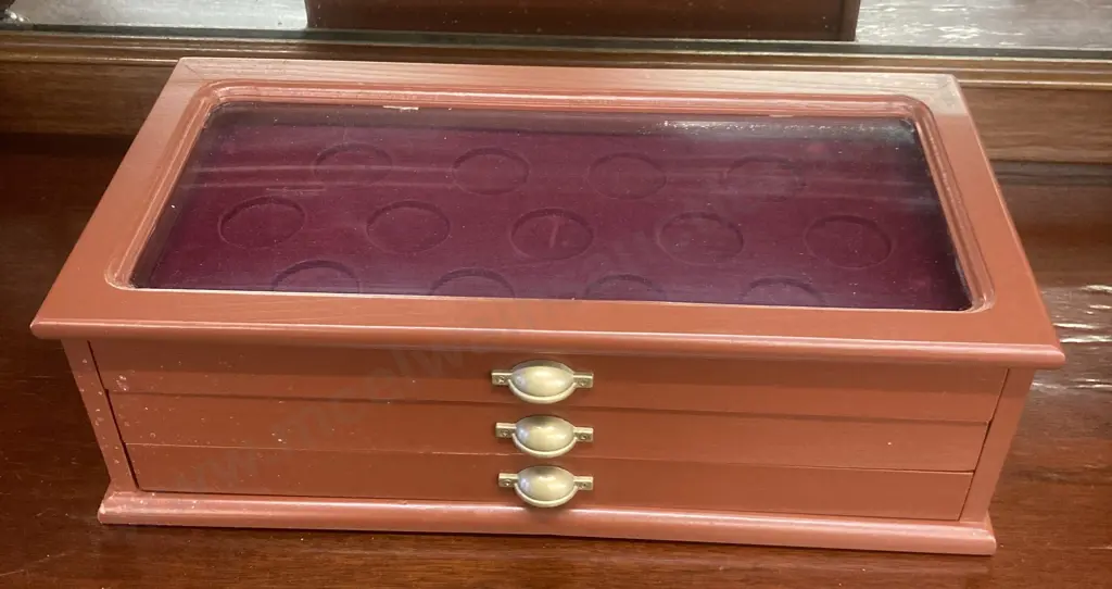 Wooden Coin Display Case, 3 Drawer With Display On Top, H12 W38.5 D20cm Image 1++