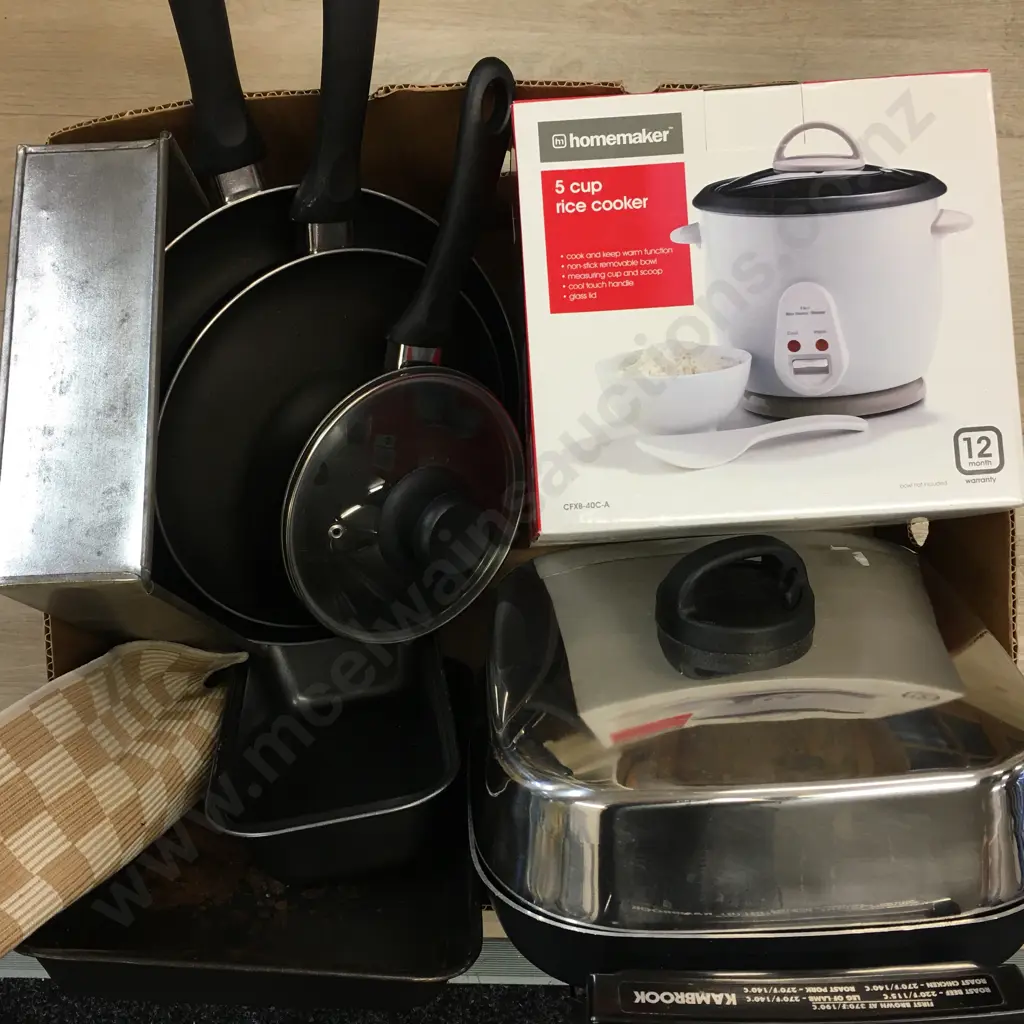 Assorted Bakeware, Homemaker 5Cup Rice Cooker With Vintage Kambrook Electric Frypan, Etc Image 1++