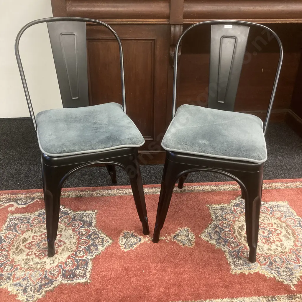 Pair of Black Steel Dining Chairs With Blue / Grey Cushions Image 1++