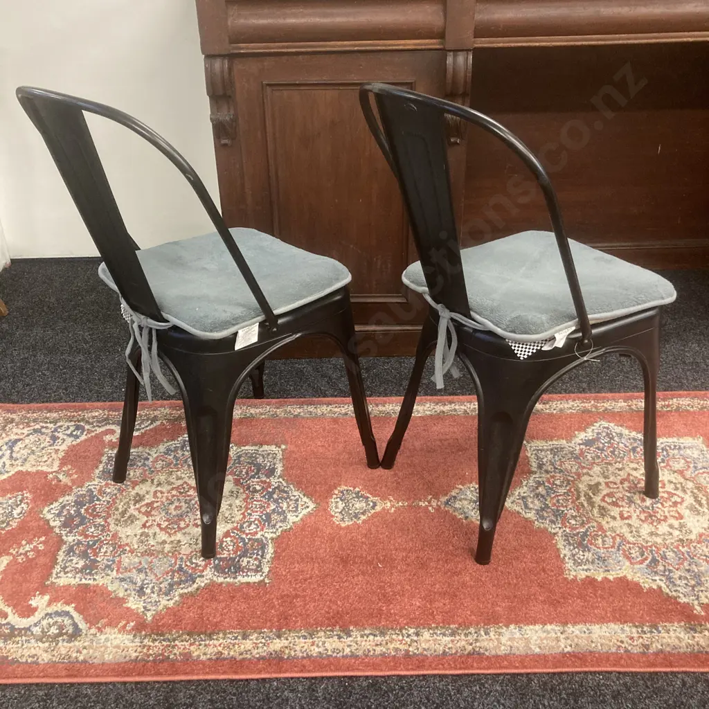 Pair of Black Steel Dining Chairs With Blue / Grey Cushions Image 1++