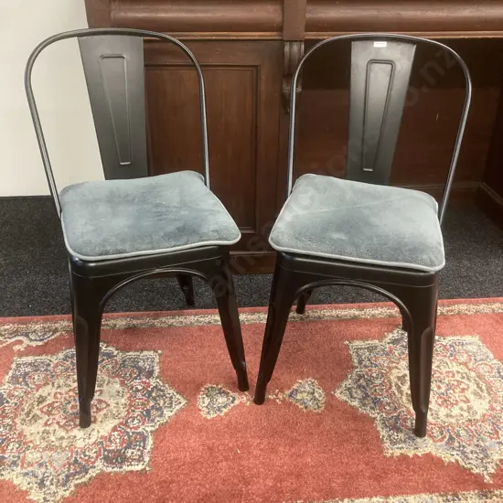 Pair of Black Steel Dining Chairs With Blue / Grey Cushions