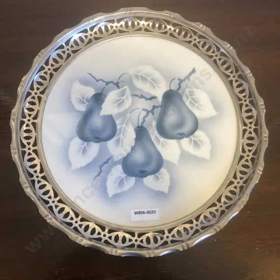 Vintage Theodor Paetsch Germany Ceramic Tray Trivet in Metal Frame - Blue Pears with Leaves. 28cm