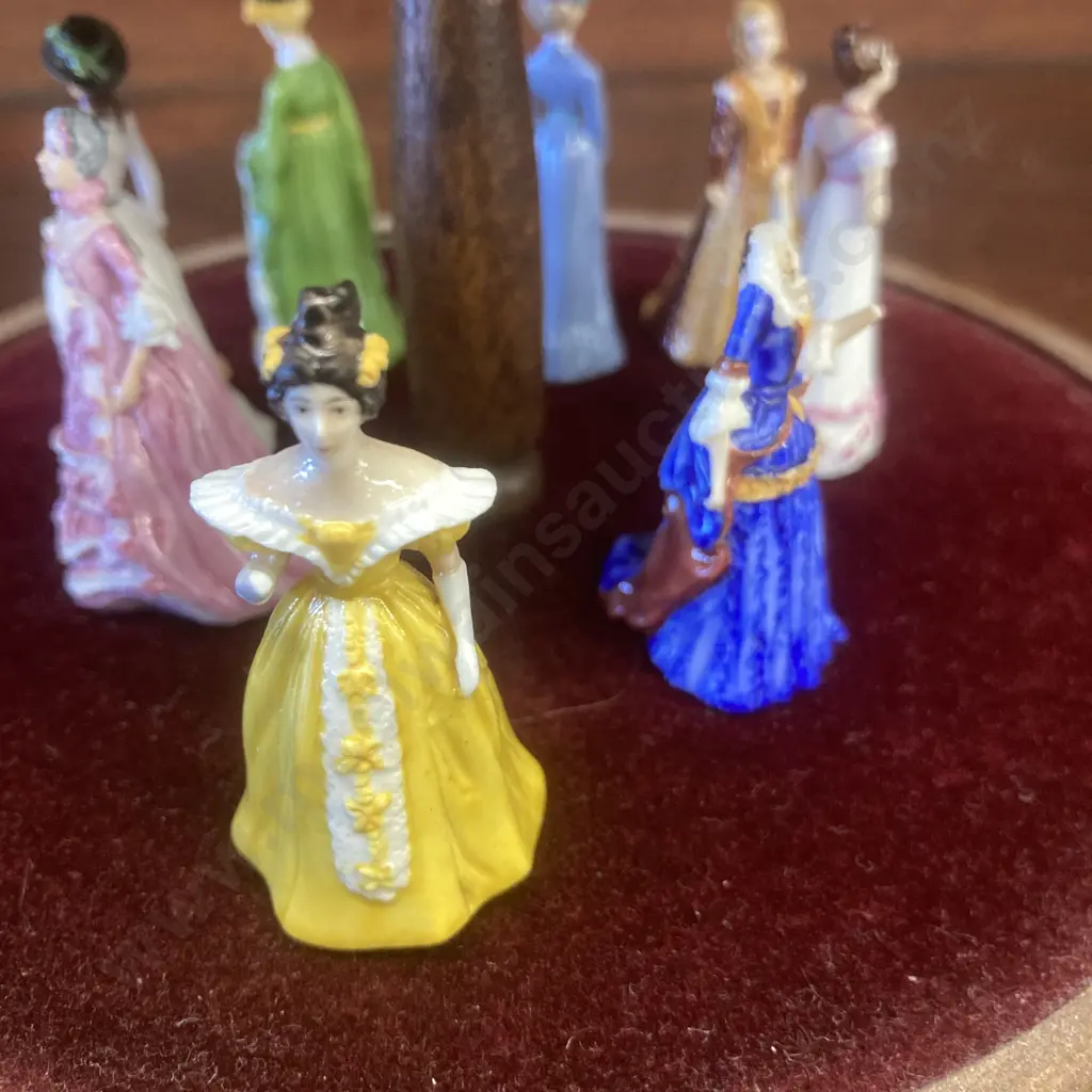 Franklin Mint Porcelain Miniature Ladies On Wooden Stand With Clear Dome Cover (Some Damaged) Image 1++