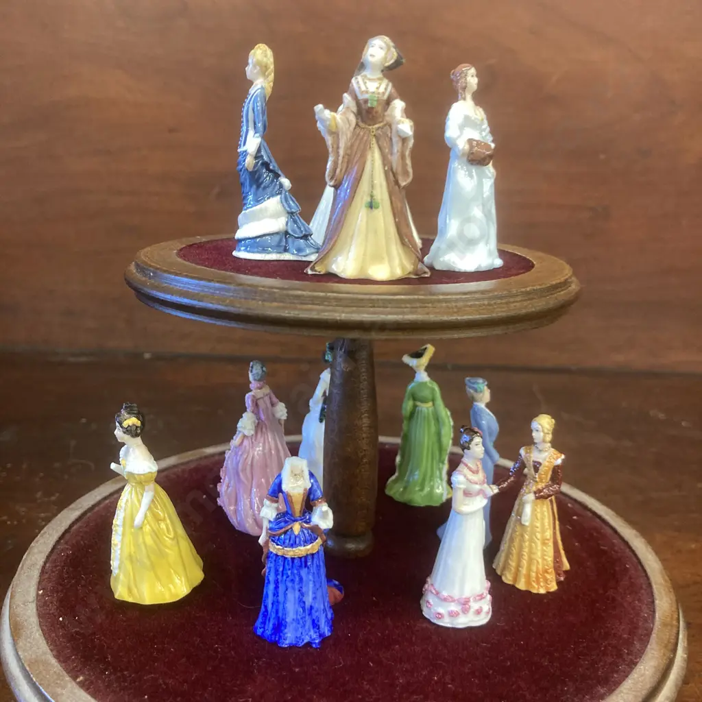 Franklin Mint Porcelain Miniature Ladies On Wooden Stand With Clear Dome Cover (Some Damaged) Image 1++