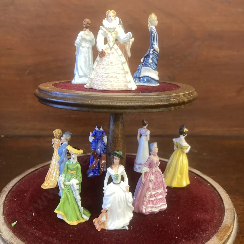 Franklin Mint Porcelain Miniature Ladies On Wooden Stand With Clear Dome Cover (Some Damaged) Image 1++