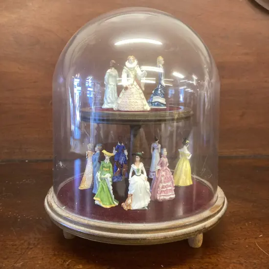 Franklin Mint Porcelain Miniature Ladies On Wooden Stand With Clear Dome Cover (Some Damaged)