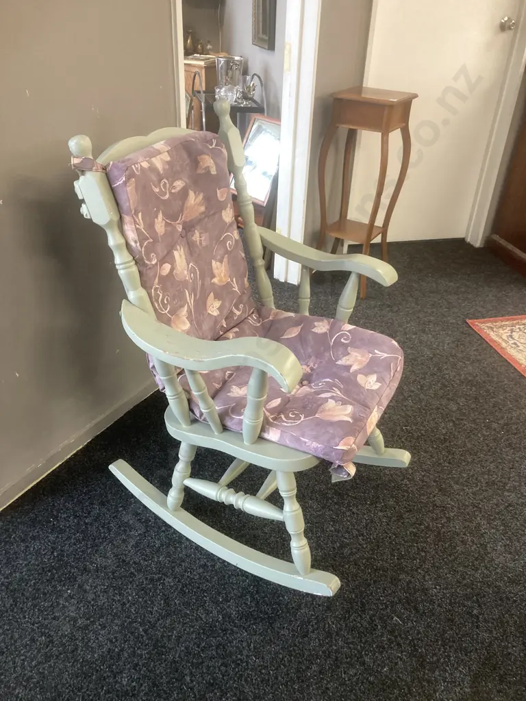 Wooden Rocking Chair Painted Light Green With A Fabric Cushion Image 1++