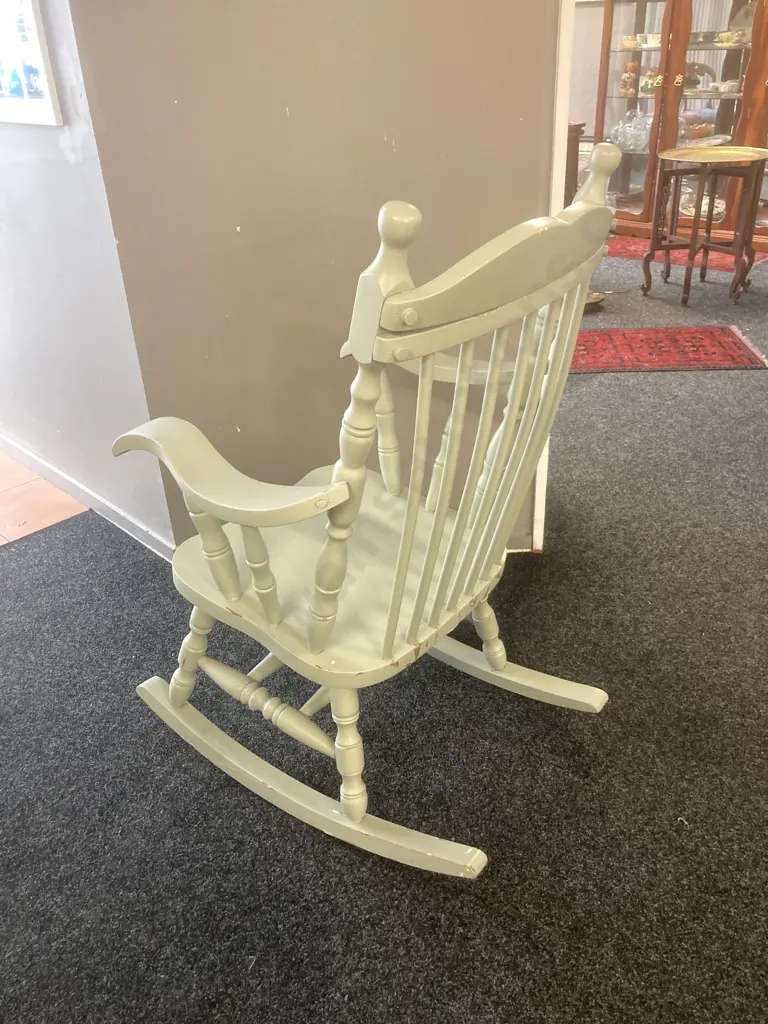 Wooden Rocking Chair Painted Light Green With A Fabric Cushion Image 1++