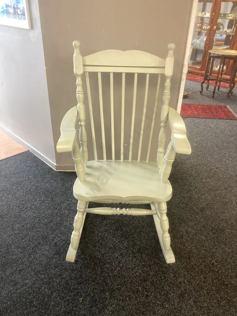 Wooden Rocking Chair Painted Light Green With A Fabric Cushion Image 1++
