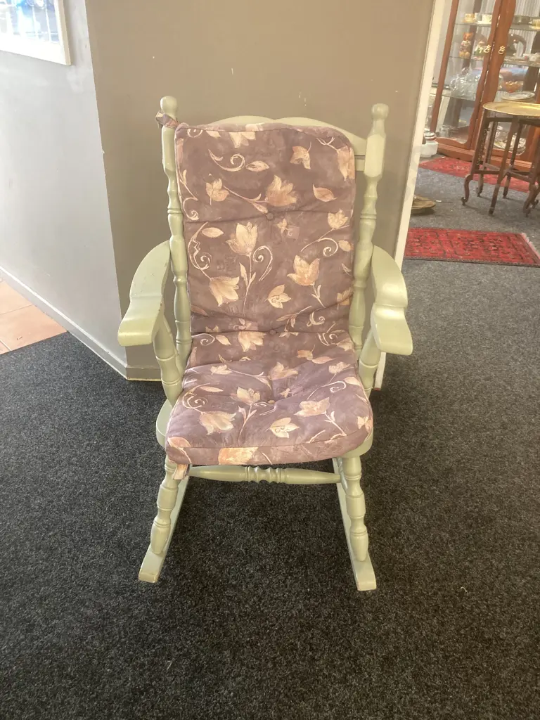 Wooden Rocking Chair Painted Light Green With A Fabric Cushion Image 1++
